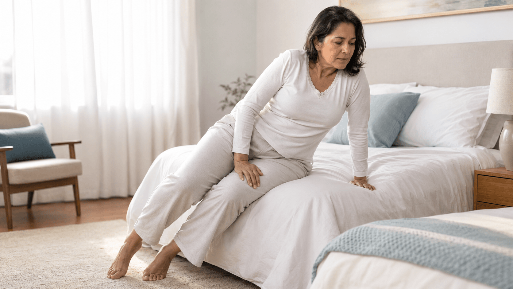 Mulher sentada na borda da cama ao levantar durante crise de dor lombar